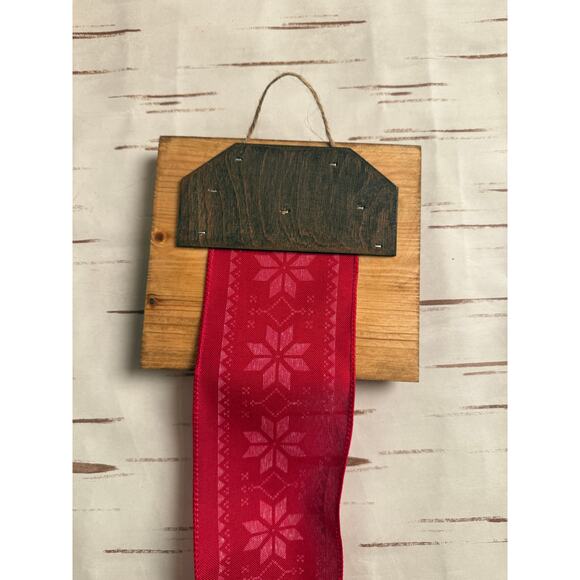 Holiday Card Holder Wooden Topper Green Christmas Tree Red Plaid Wide Ribbon - Picture 3 of 5